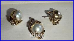 14k Yellow Gold Mabe Pearl Clip On Earrings With Pendant Set(331)
