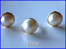 14k Yellow Gold Mabe Pearl Omega Clip Earrings And Ring Set 13 Gr