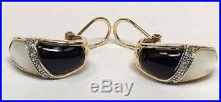 14k Yellow Gold Mother Of Pearl Onyx & Diamond Earrings & Necklace Set Black