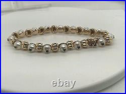 14k Yellow Gold Multi Bezel Set Gemstone & Pearl Link Bracelet, 7 23.8 Grams