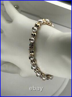 14k Yellow Gold Multi Bezel Set Gemstone & Pearl Link Bracelet, 7 23.8 Grams