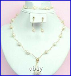 14k Yellow Gold Natural White Pearls 3 piece SetNecklace, Bracelet, Earrings