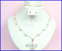 14k Yellow Gold Natural White Pearls 3pcs Women SetNecklace, Bracelet, Earrings