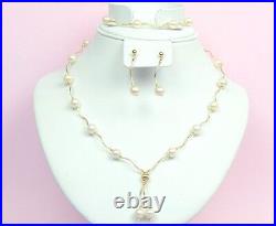 14k Yellow Gold Natural White Pearls 3pcs Women SetNecklace, Bracelet, Earrings