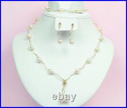 14k Yellow Gold Natural White Pearls 3pcs Women SetNecklace, Bracelet, Earrings