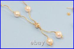 14k Yellow Gold Natural White Pearls 3pcs Women SetNecklace, Bracelet, Earrings