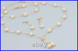 14k Yellow Gold Natural White Pearls 3pcs Women SetNecklace, Bracelet, Earrings