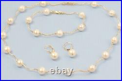 14k Yellow Gold Natural White Pearls Necklace, Bracelet, Earrings 3pcs Women Set