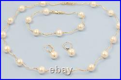 14k Yellow Gold Natural White Pearls Necklace, Bracelet, Earrings 3pcs Women Set