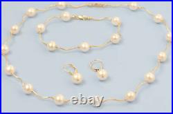 14k Yellow Gold Natural White Pearls Necklace, Bracelet, Earrings 3pcs Women Set
