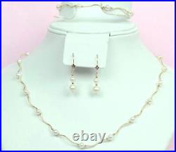 14k Yellow Gold Natural genuine White Pearls Necklace, Bracelet, Earrings 3pcs Set