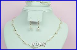 14k Yellow Gold Natural genuine White Pearls Necklace, Bracelet, Earrings 3pcs Set