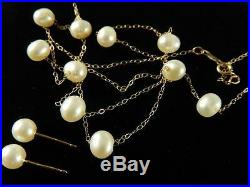 14k Yellow Gold PEARL Station NECKLACE Stud EARRINGS Set Estate 18 NWOT