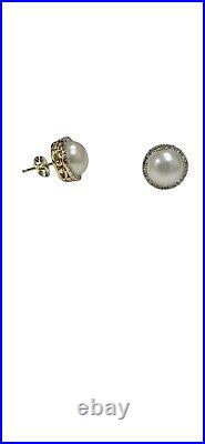 14k Yellow Gold Pearl & Diamond Halo Cocktail Set Earrings & Matching Ring
