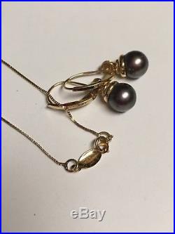 14k Yellow Gold Pearl Diamond Necklace Pendant and Matching Earrings Set
