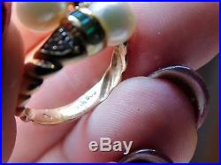 14k Yellow Gold Pearl Diamond Princess Cut Channel Set Emerald Ruby Bypass Ring