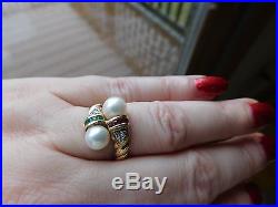 14k Yellow Gold Pearl Diamond Princess Cut Channel Set Emerald Ruby Bypass Ring