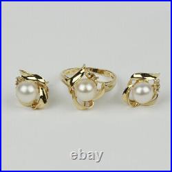 14k Yellow Gold, Pearl, Diamond Womens Stud Earrings & Ring Set Size 6.75