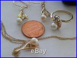 14k Yellow Gold Pearl & Diamonds Ring/earring And Necklace Set