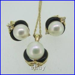 14k Yellow Gold Pearl Necklace and Earrings Set with Black Onyx and Diamond Acce