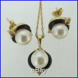 14k Yellow Gold Pearl Necklace and Earrings Set with Black Onyx and Diamond Acce
