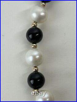 14k Yellow Gold Pearl & Onyx Necklace Bracelet and Earrings Set Signed CP