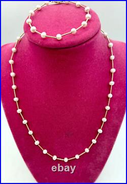 14k Yellow Gold Pearl Station Necklace & Bracelet Set 5mm -18 14k Yellow Gold Pearl Station Necklace & Bracelet Set 5mm -18