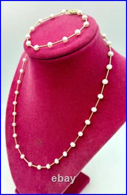 14k Yellow Gold Pearl Station Necklace & Bracelet Set 5mm -18 14k Yellow Gold Pearl Station Necklace & Bracelet Set 5mm -18