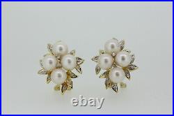 14k Yellow Gold Pearl and Diamond Leaf Design Ring and Earrings Set