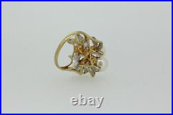 14k Yellow Gold Pearl and Diamond Leaf Design Ring and Earrings Set