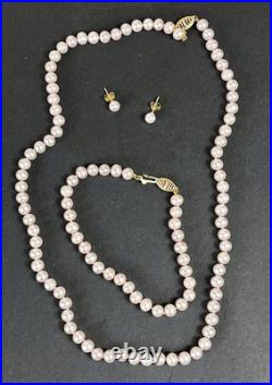 14k Yellow Gold Pink Pearl Necklace, Bracelet & Earrings Set Luscious Jewelry