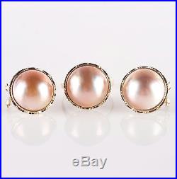 14k Yellow Gold Round Cultured Mabe Pearl Solitaire Ring & Earring Set
