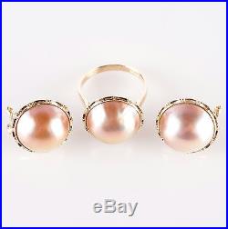 14k Yellow Gold Round Cultured Mabe Pearl Solitaire Ring & Earring Set