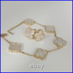 14k Yellow Gold Set Of Mother Of Pearl Flowers Bracelet 7.5 And Earrings