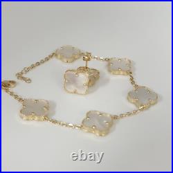 14k Yellow Gold Set Of Mother Of Pearl Flowers Bracelet 7.5 And Earrings