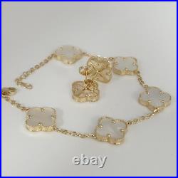 14k Yellow Gold Set Of Mother Of Pearl Flowers Bracelet 7.5 And Earrings