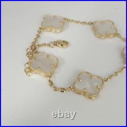 14k Yellow Gold Set Of Mother Of Pearl Flowers Bracelet 7.5 And Earrings