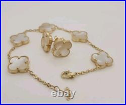 14k Yellow Gold Set Of Mother Of Pearl Flowers Bracelet 7.5 And Earrings