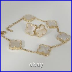 14k Yellow Gold Set Of Mother Of Pearl Flowers Bracelet 7.5 And Earrings