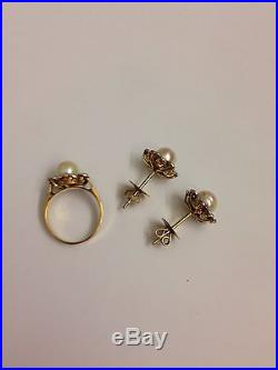 14k Yellow Gold Set Of Pearl Diamond Earrings And Ring 9.5 Grams Size 6