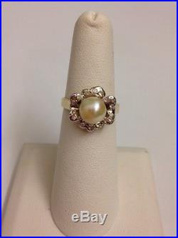 14k Yellow Gold Set Of Pearl Diamond Earrings And Ring 9.5 Grams Size 6