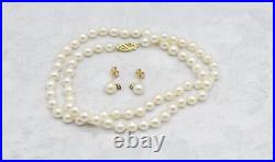 14k Yellow Gold Set Of Pearl Necklace & Pearl & Sapphire Earrings