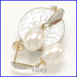 14k Yellow Gold Sets 6 Diamonds On White Cultured Pearl Dangle Stud Earrings TPJ