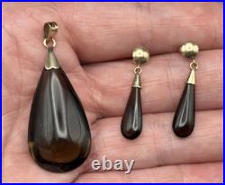 14k Yellow Gold Smoky Quartz Pendant With Earrings Set Drop