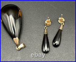 14k Yellow Gold Smoky Quartz Pendant With Earrings Set Drop