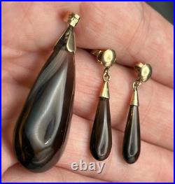 14k Yellow Gold Smoky Quartz Pendant With Earrings Set Drop