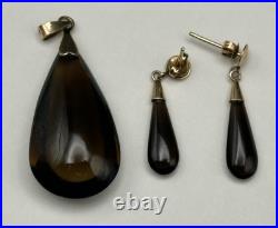 14k Yellow Gold Smoky Quartz Pendant With Earrings Set Drop