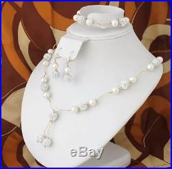 14k Yellow Gold South Sea Pearl Czech Crystals Earrings Bracelet Necklace Set
