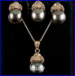 14k Yellow Gold Tahitian Pearl & Diamond Ring Necklace Earring Set. 972ctw 20.8g