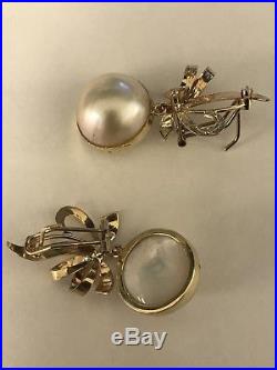 14k Yellow Gold Vintage Estate Mabe Pearl & Diamond Omega Back Earrings Ring Set